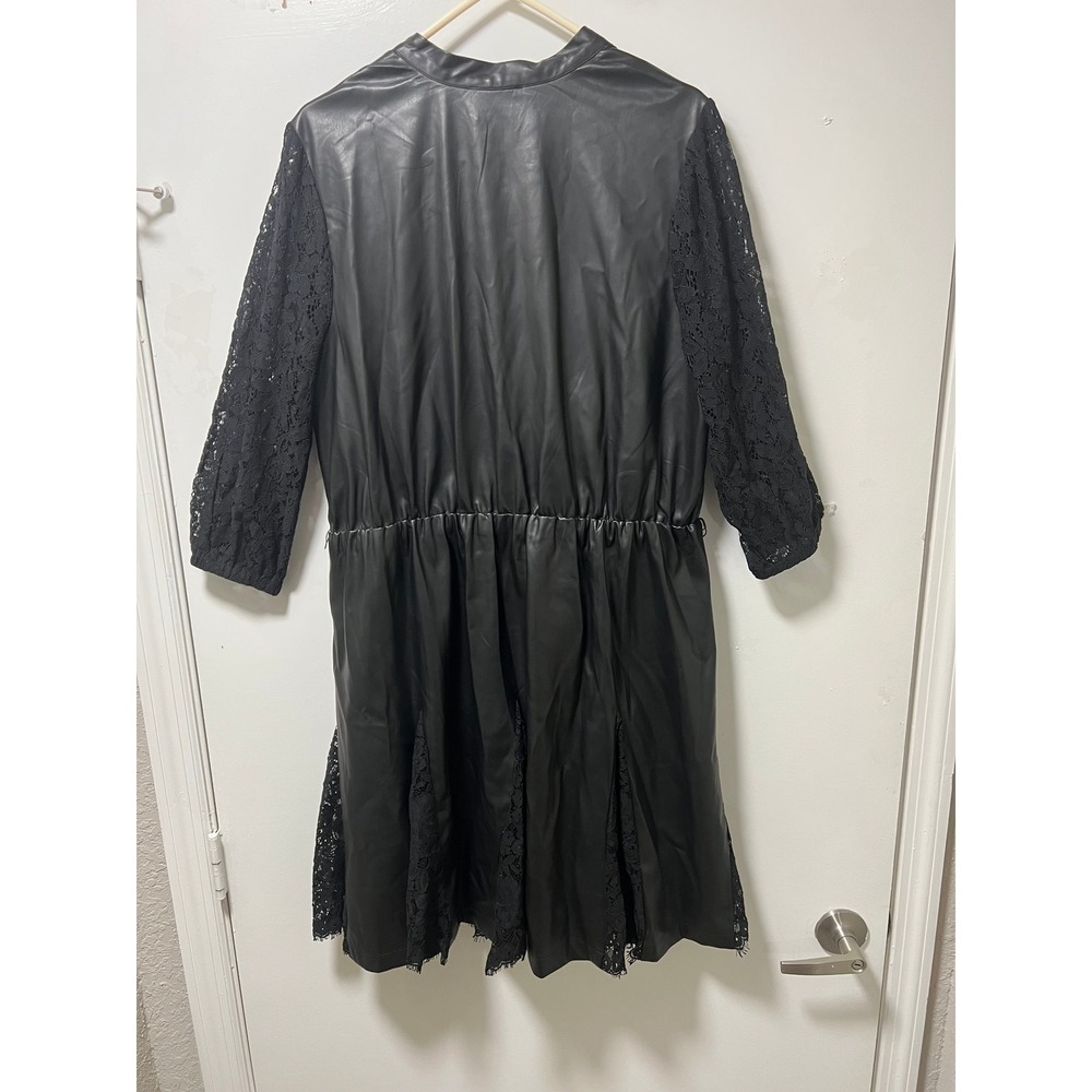 Venus Black Faux Leather Lace Trim Midi Dress Button Front Elastic Waist Size 18 - Picture 9 of 12